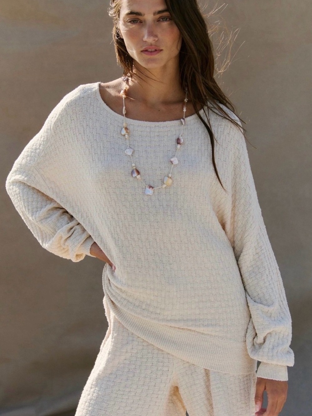 Free People Cream Off-the-Shoulder Waffle Knit Sweater